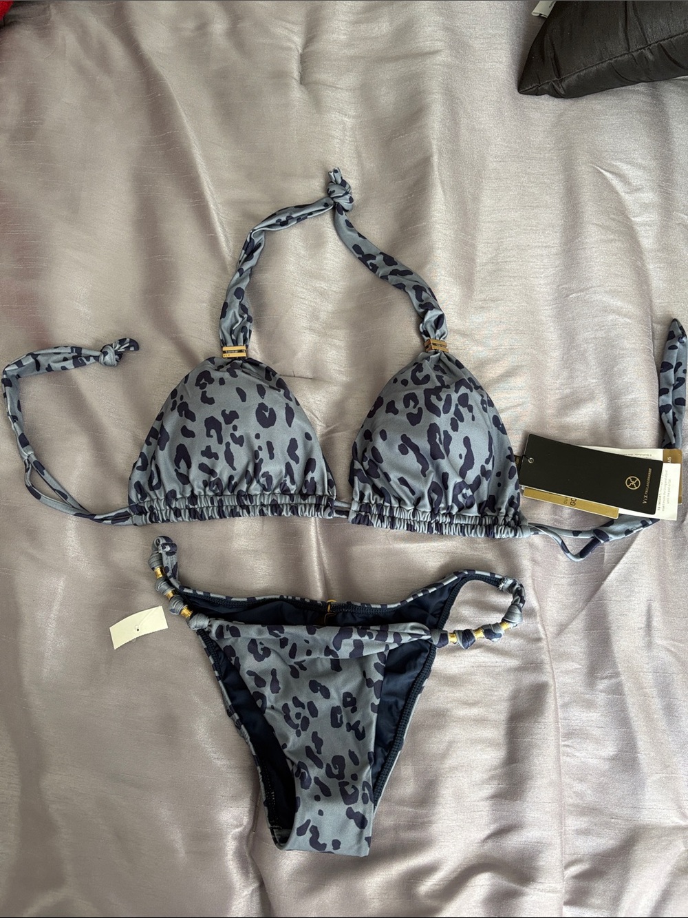Vix Grey Leopard-Print Triangle Bikini with Gold Accents